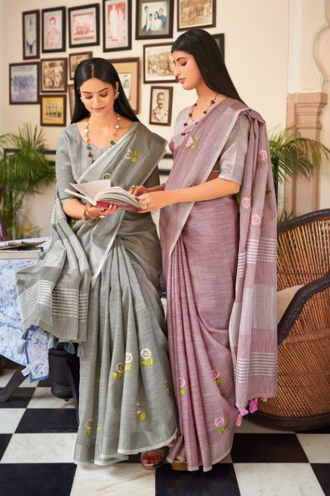 Women's Pastel Grey Linen Saree - Karagiri
