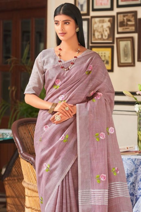 Women's Mauve Purple Linen Saree - Karagiri