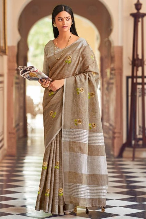 Women's Umber Brown Linen Saree - Karagiri
