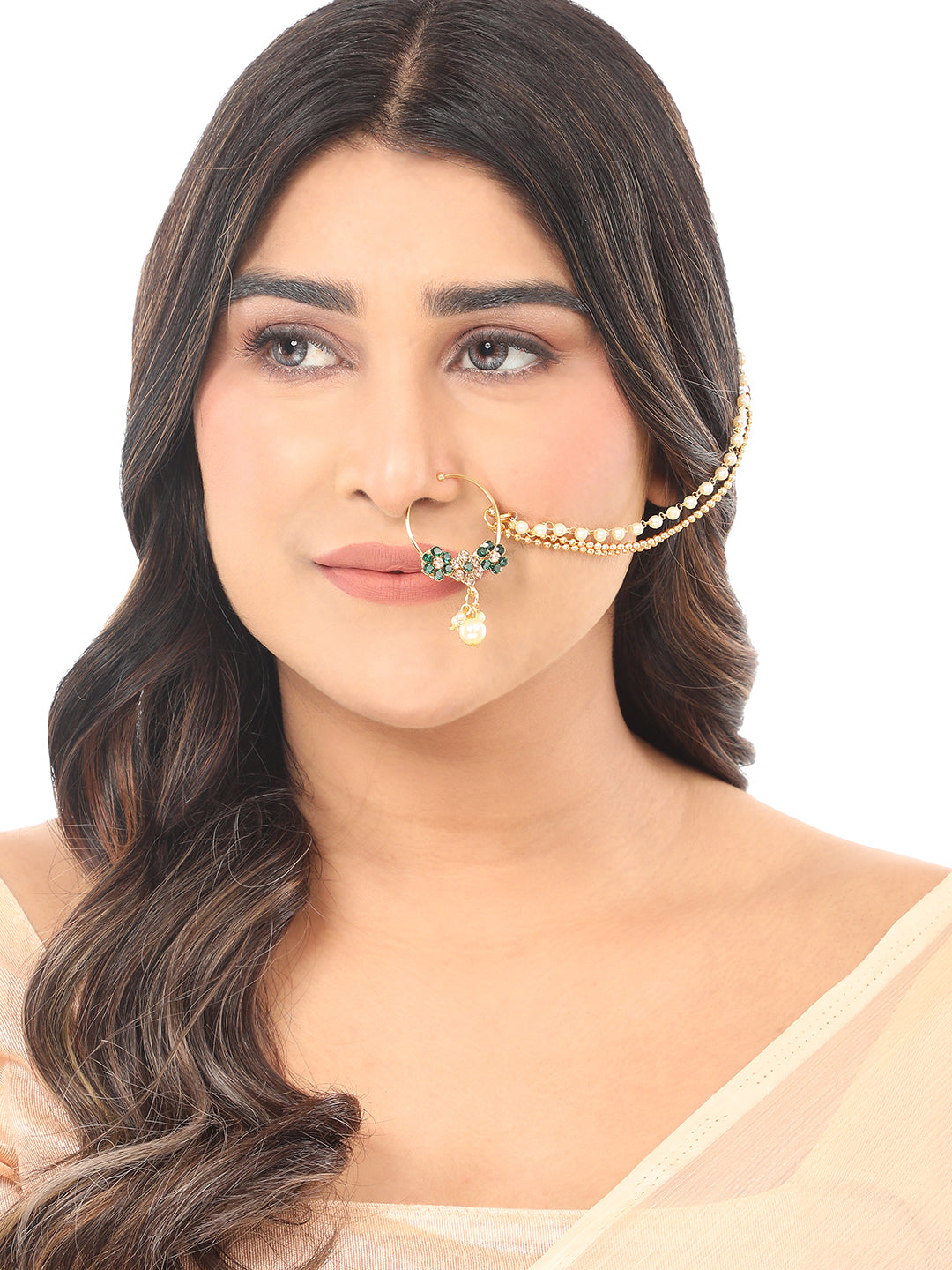 Gold-Plated & Studded Non-Piercing Nose Ring By Anikas Creation