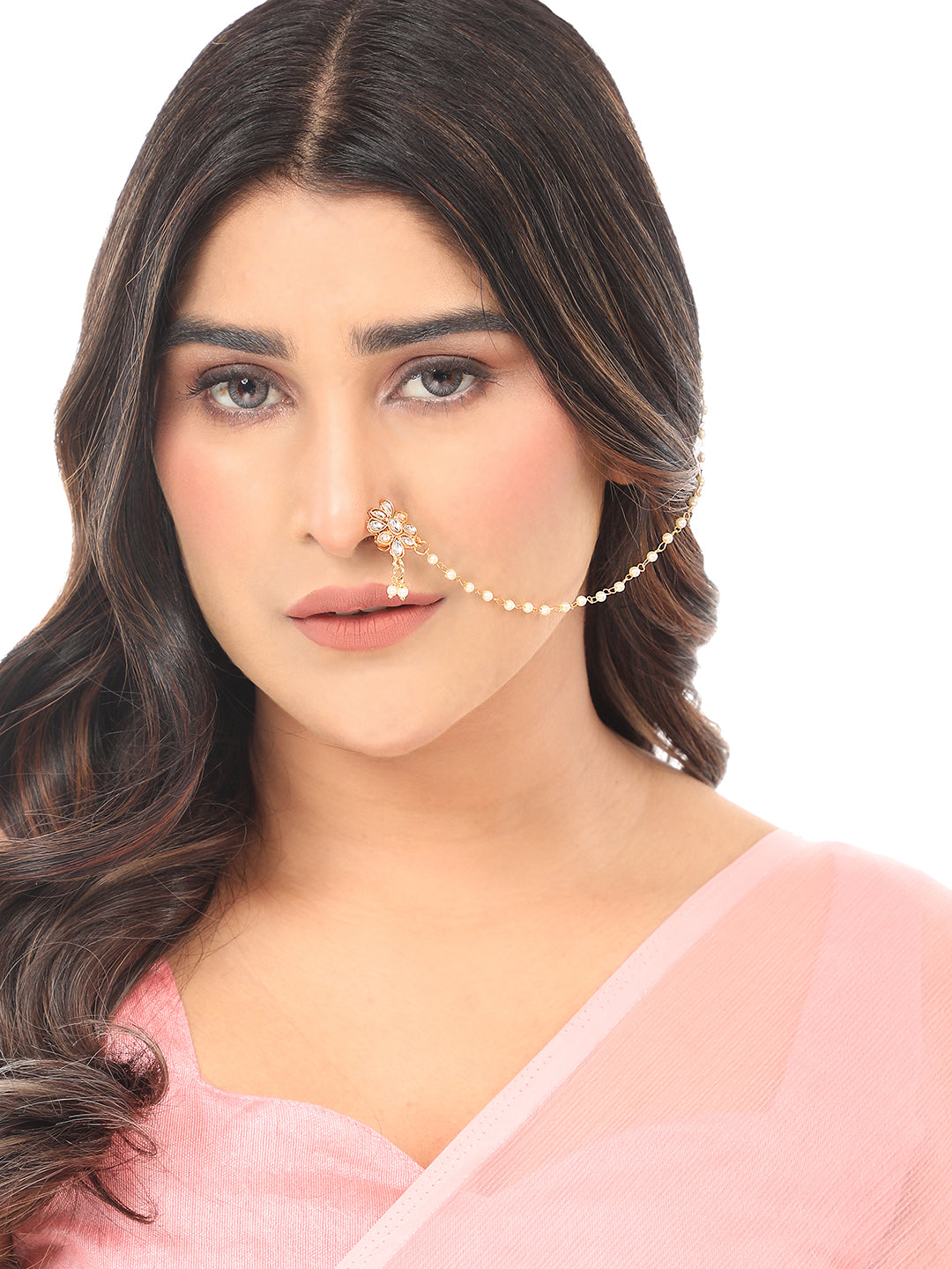 Floral Gold-Plated Chained Nose Pin By Anikas Creation