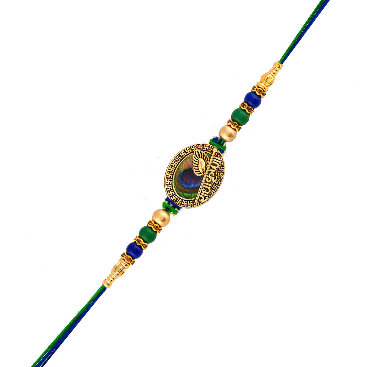 Radha Krishna Peacock Feather Beaded Thread Rakhi - Voylla
