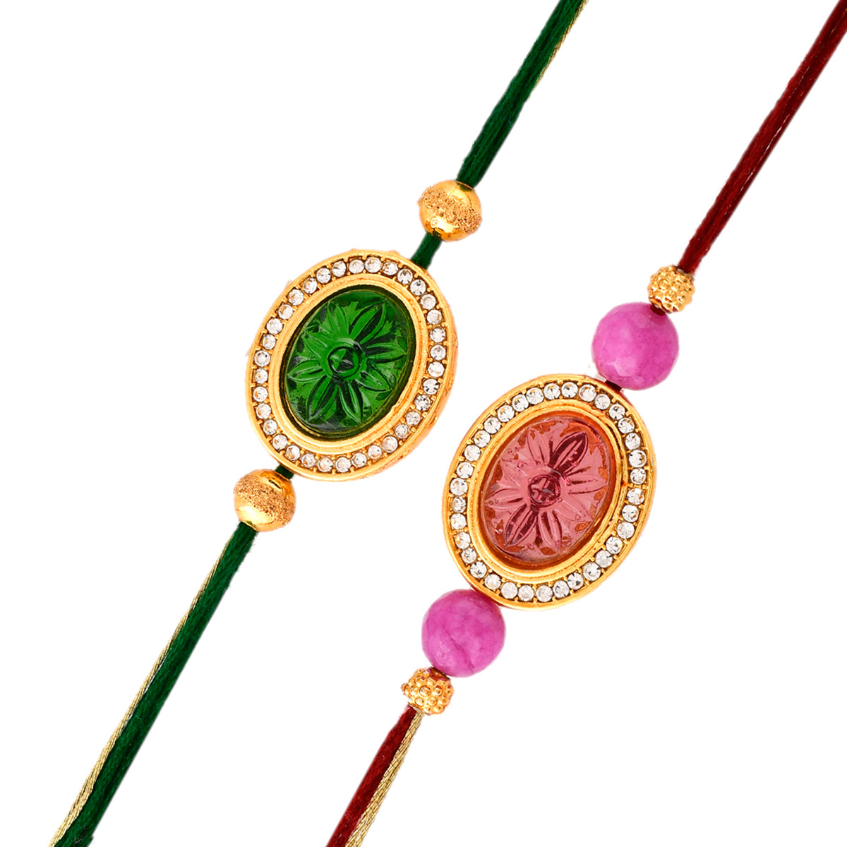 Studded Pink And Green Thread Rakhis - Voylla