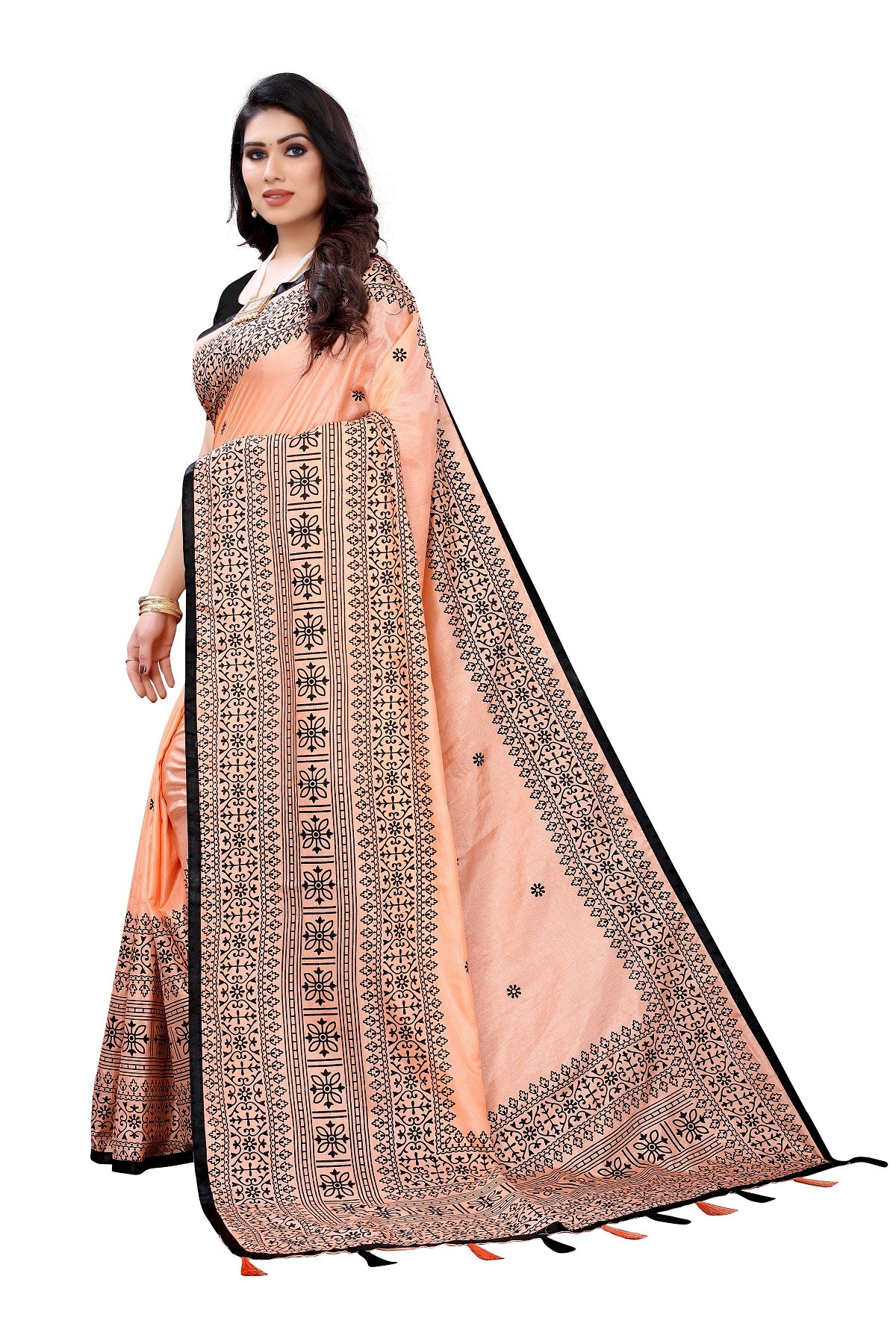 Women's Peach Sana Silk Printed Saree - Vamika