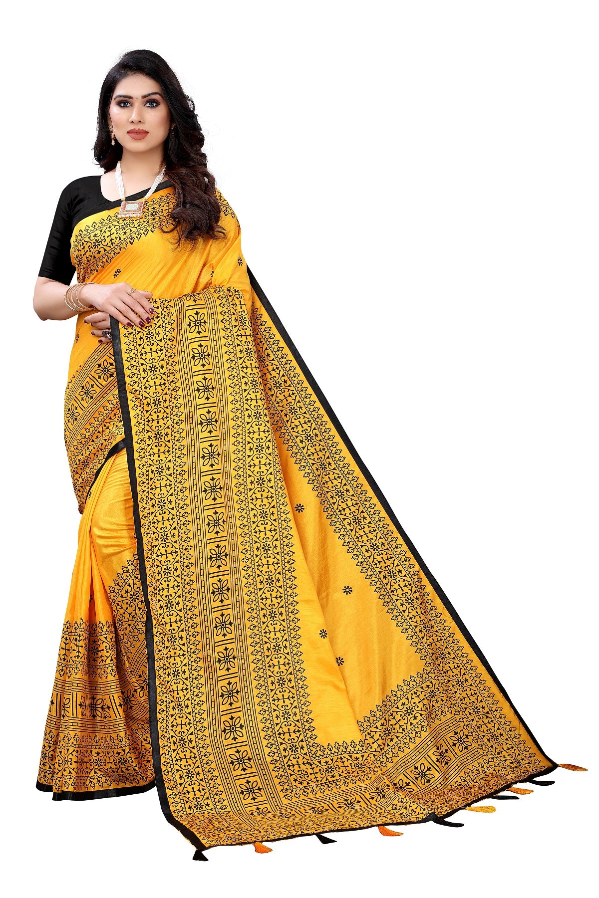Women's Yellow Sana Silk Printed Saree - Vamika