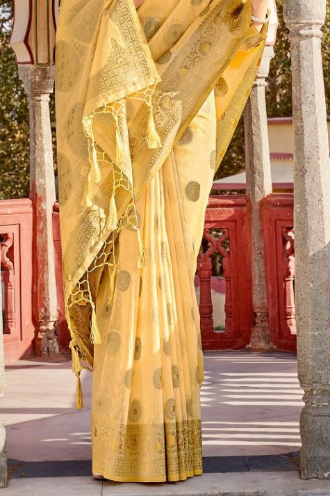 Women's Light Yellow Linen Saree - Karagiri