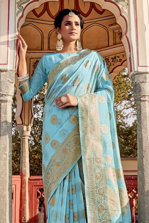 Women's Blue Linen Saree - Karagiri