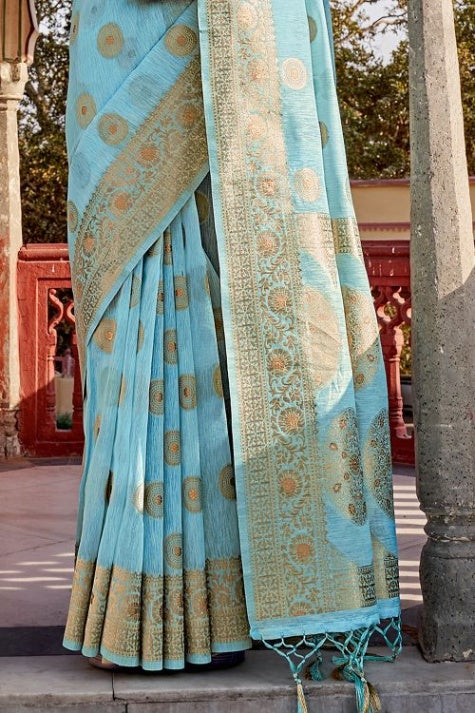 Women's Blue Linen Saree - Karagiri