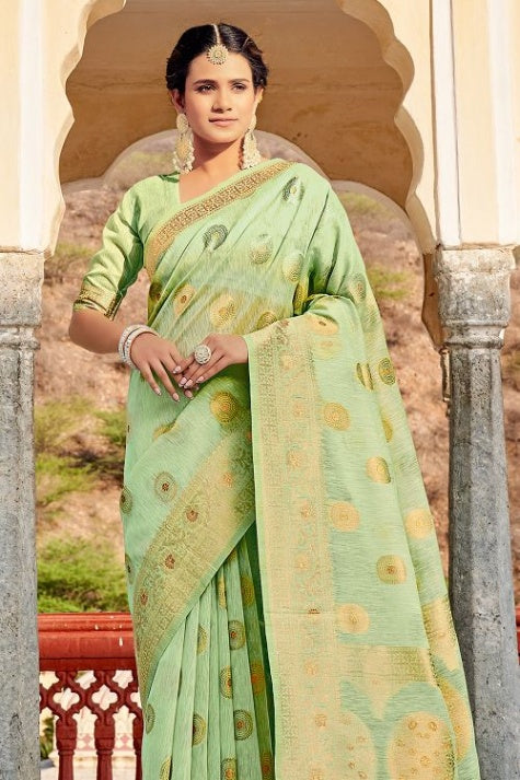 Women's Olive Green Linen Saree - Karagiri
