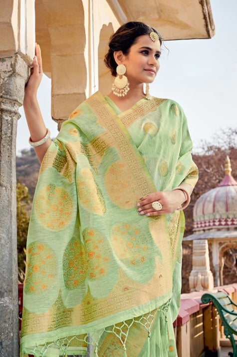Women's Olive Green Linen Saree - Karagiri