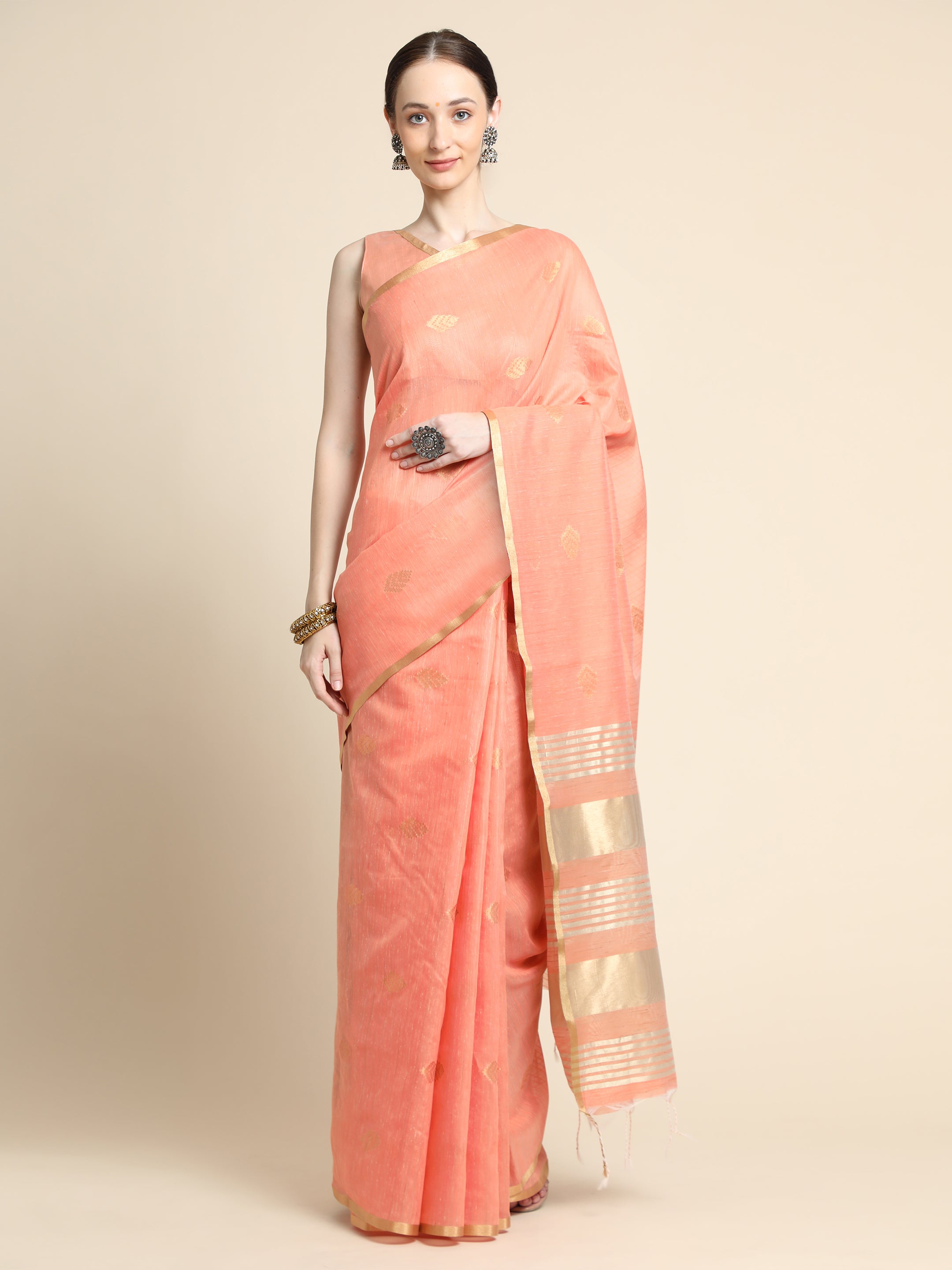 Women's Orange Woven Kanchi Cotton Saree with Tassels - Vishnu Weaves