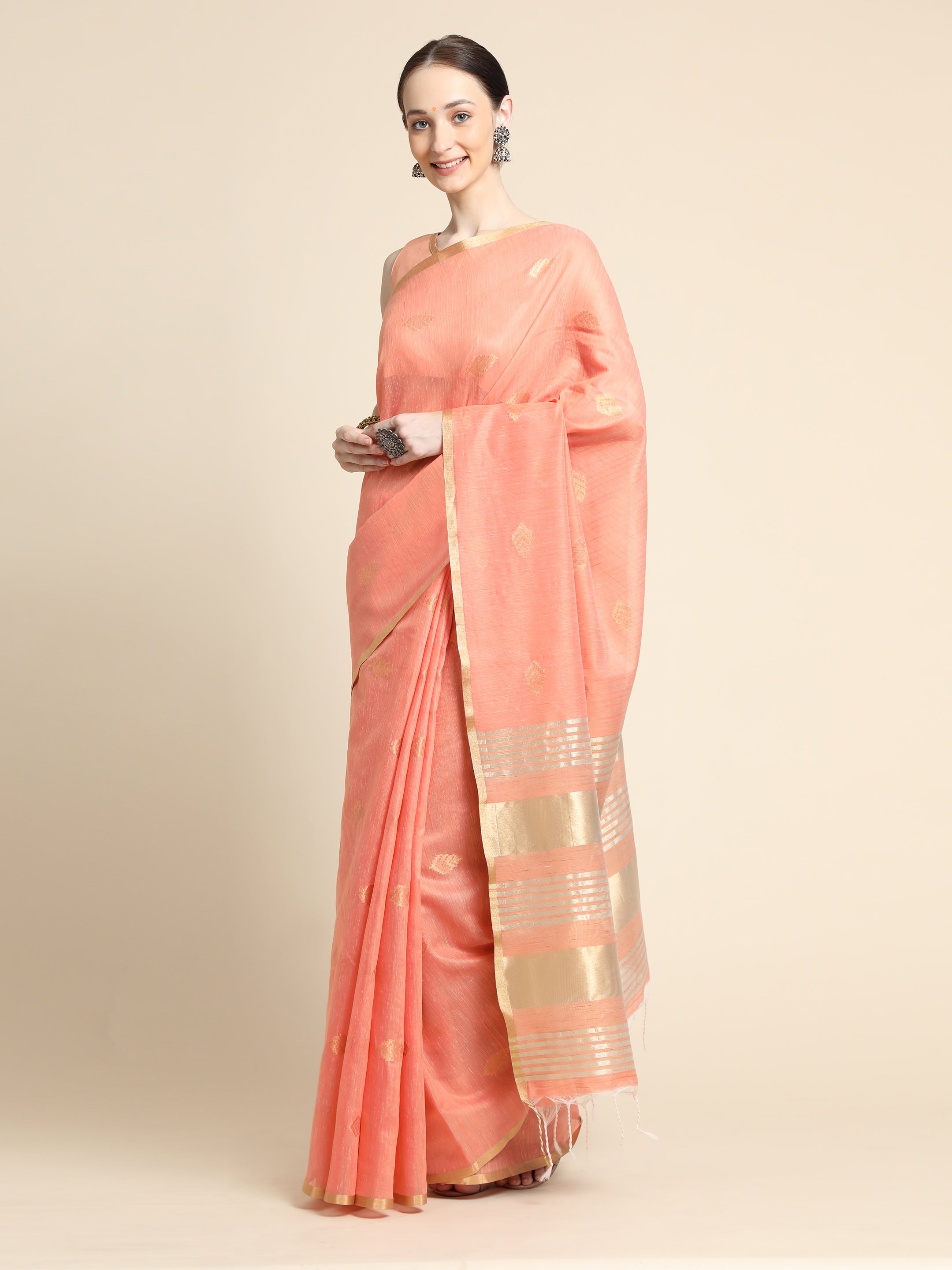 Women's Orange Woven Kanchi Cotton Saree with Tassels - Vishnu Weaves