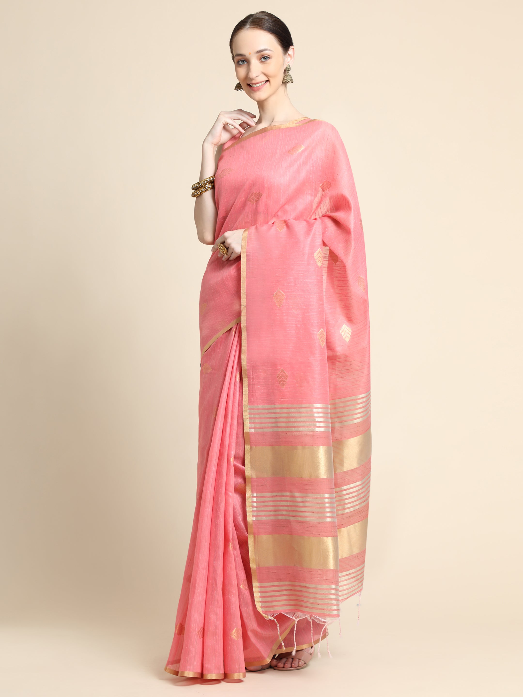 Women's Pink Woven Kanchi Cotton Saree with Tassels - Vishnu Weaves
