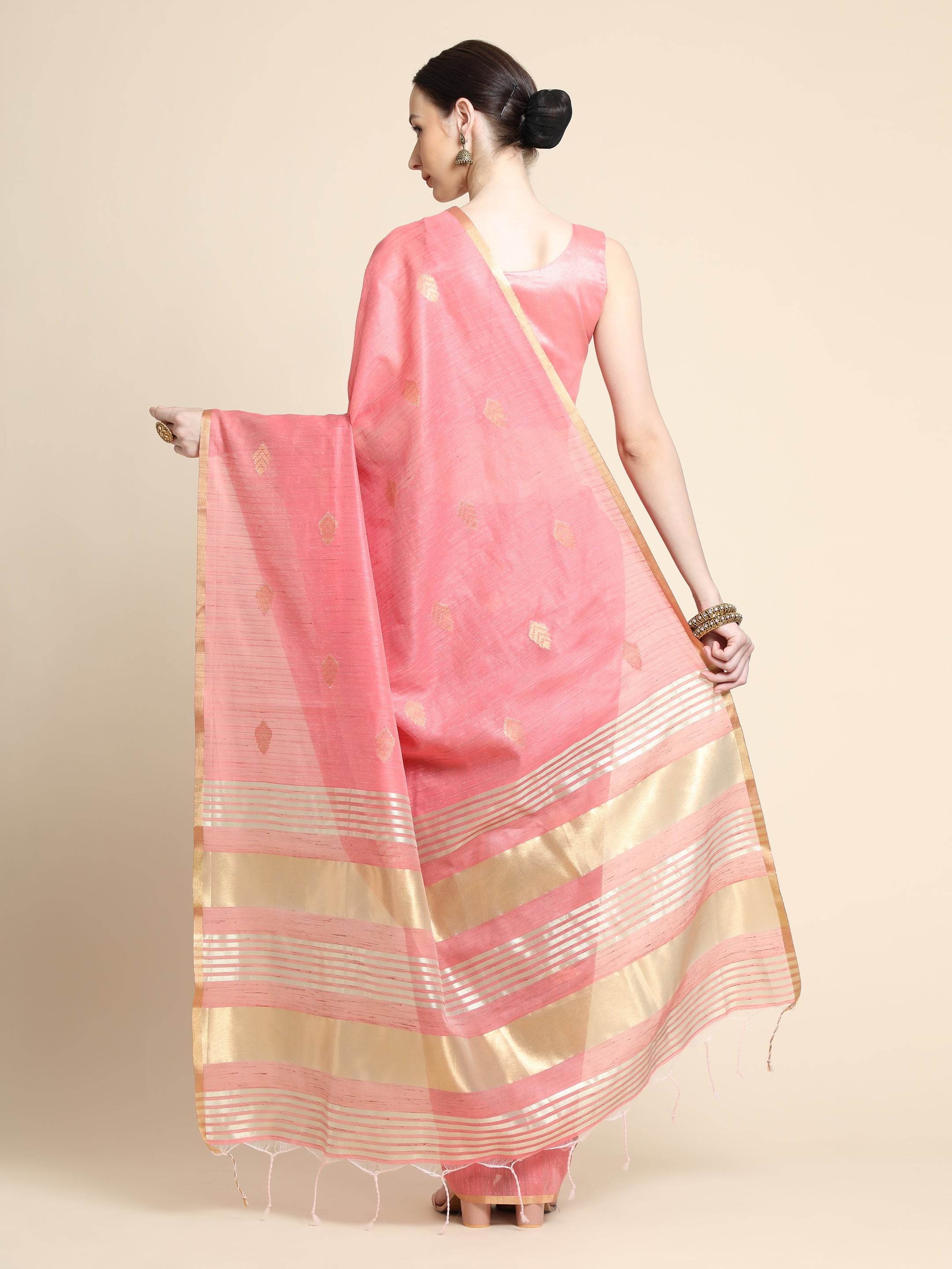 Women's Pink Woven Kanchi Cotton Saree with Tassels - Vishnu Weaves