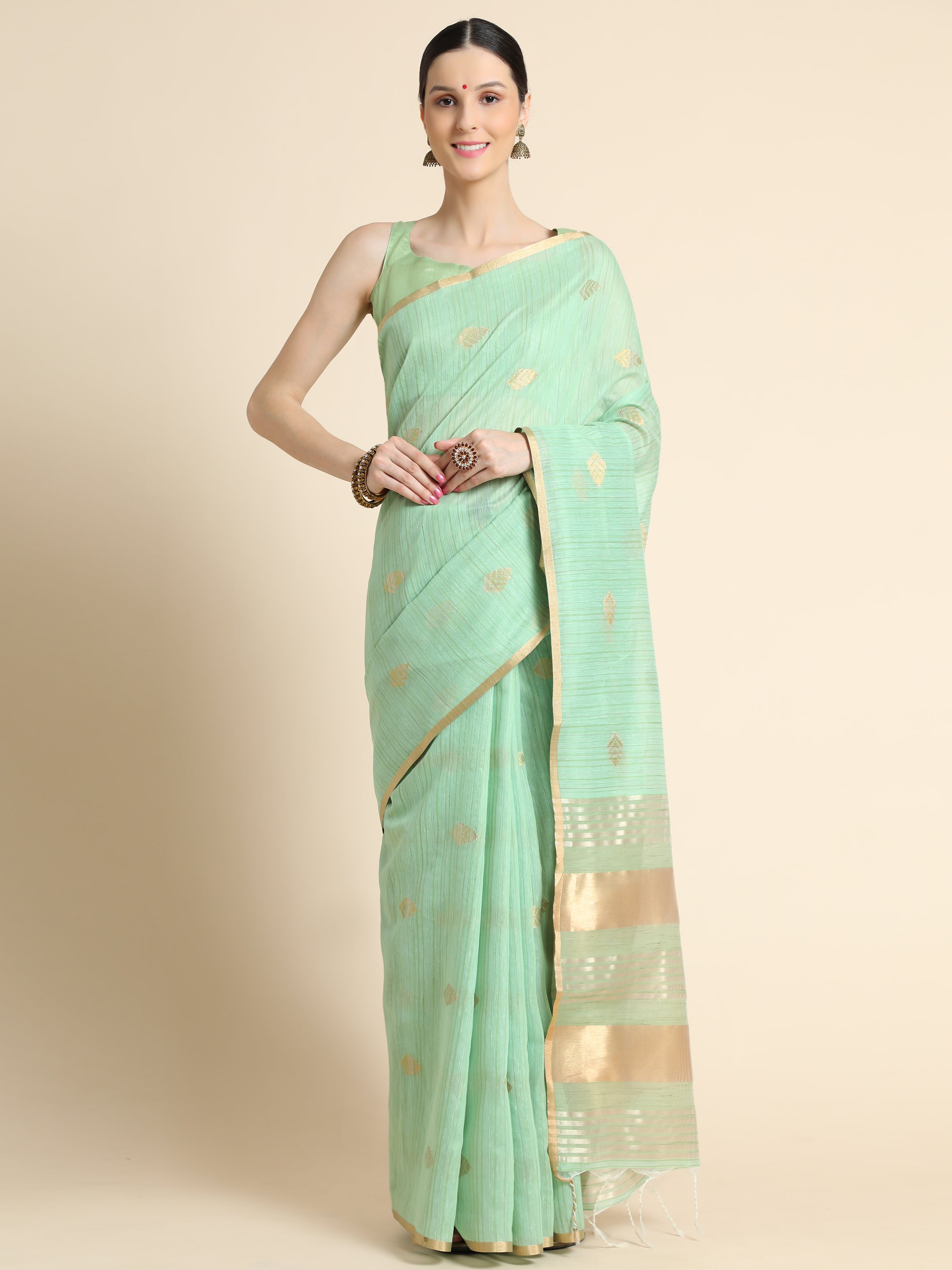Women's Sea Green Woven Kanchi Cotton Saree with Tassels - Vishnu Weaves
