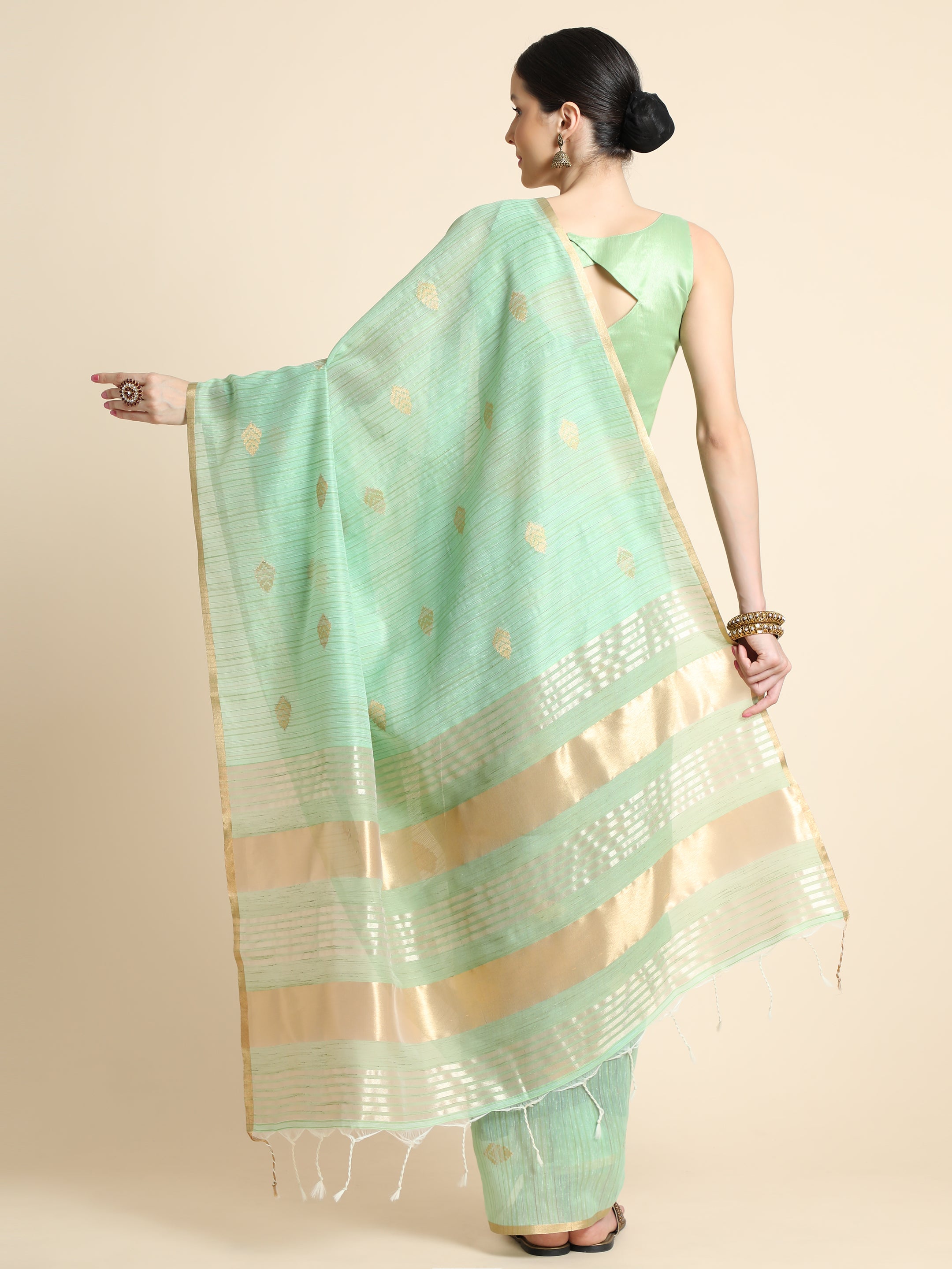 Women's Sea Green Woven Kanchi Cotton Saree with Tassels - Vishnu Weaves