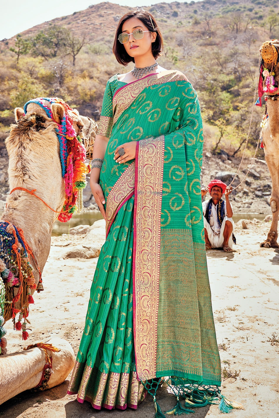 Women's Jade Green Banarasi Saree - Karagiri