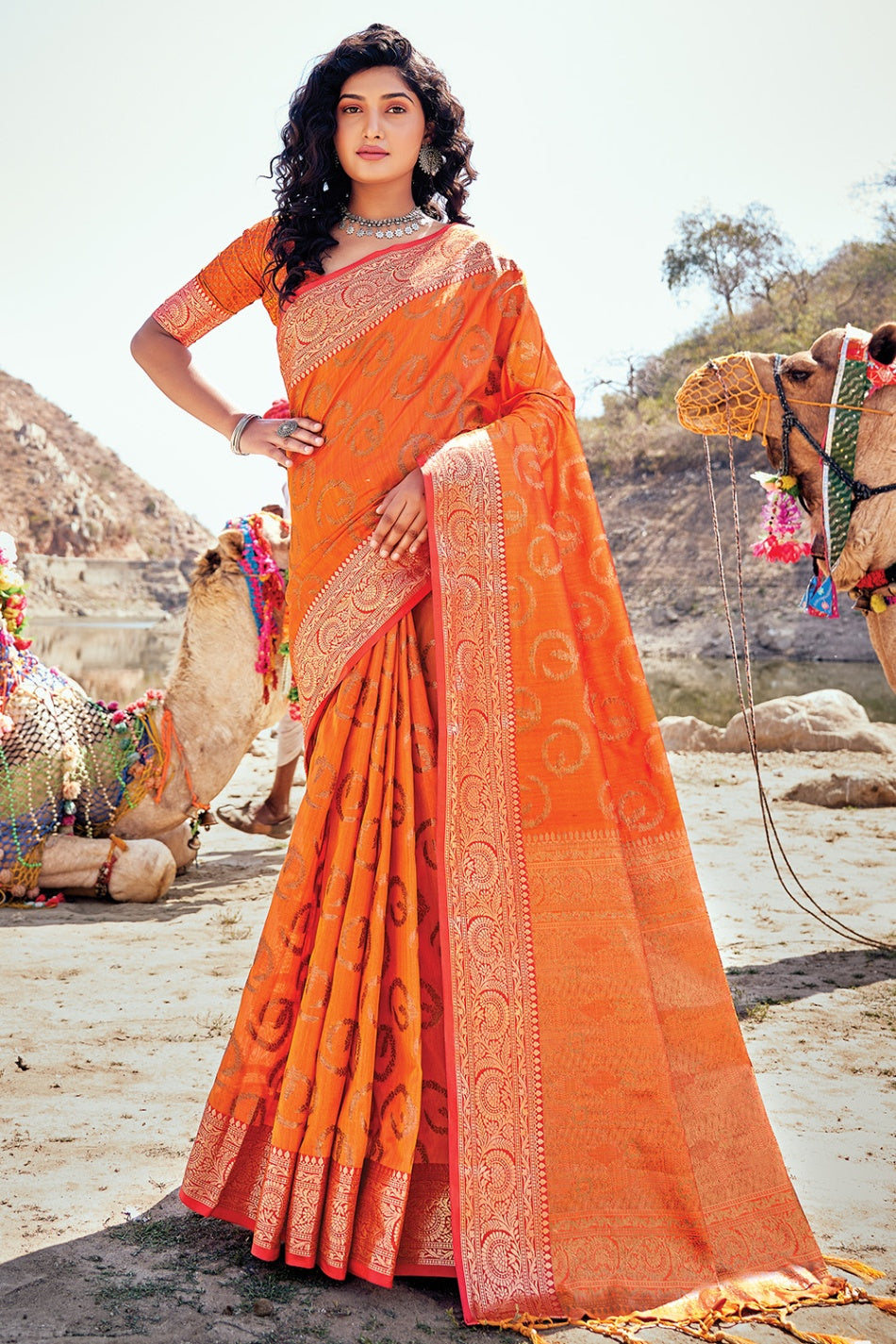 Women's Tiger Orange Banarasi Saree - Karagiri