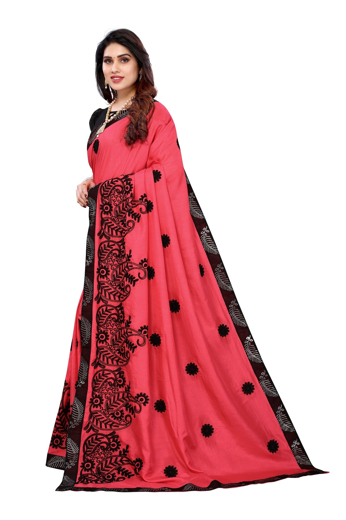 Women's Pink Dola Silk Embroidery Saree - Vamika
