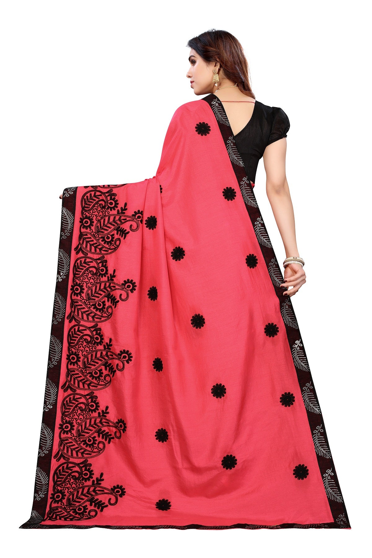 Women's Pink Dola Silk Embroidery Saree - Vamika