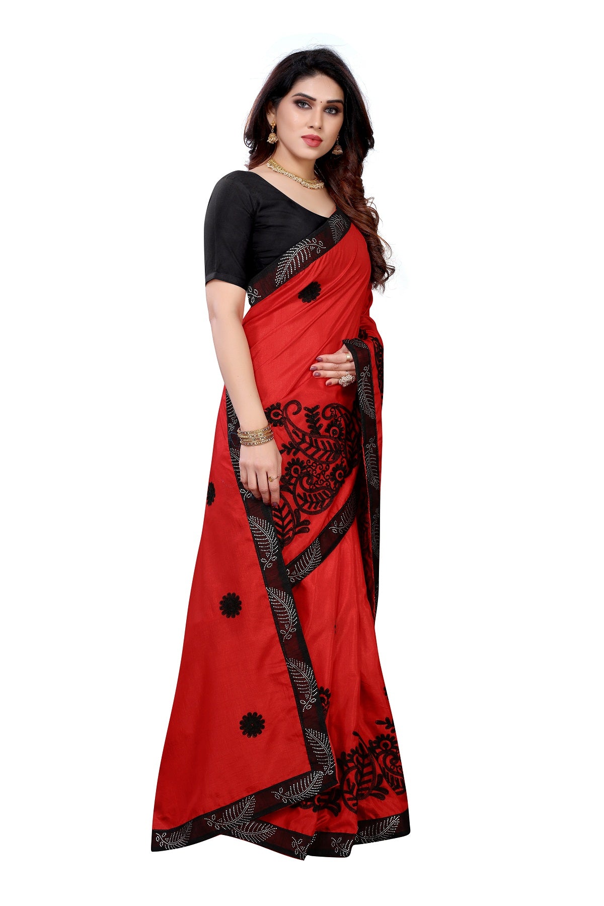 Women's Red Dola Silk Embroidery Saree - Vamika