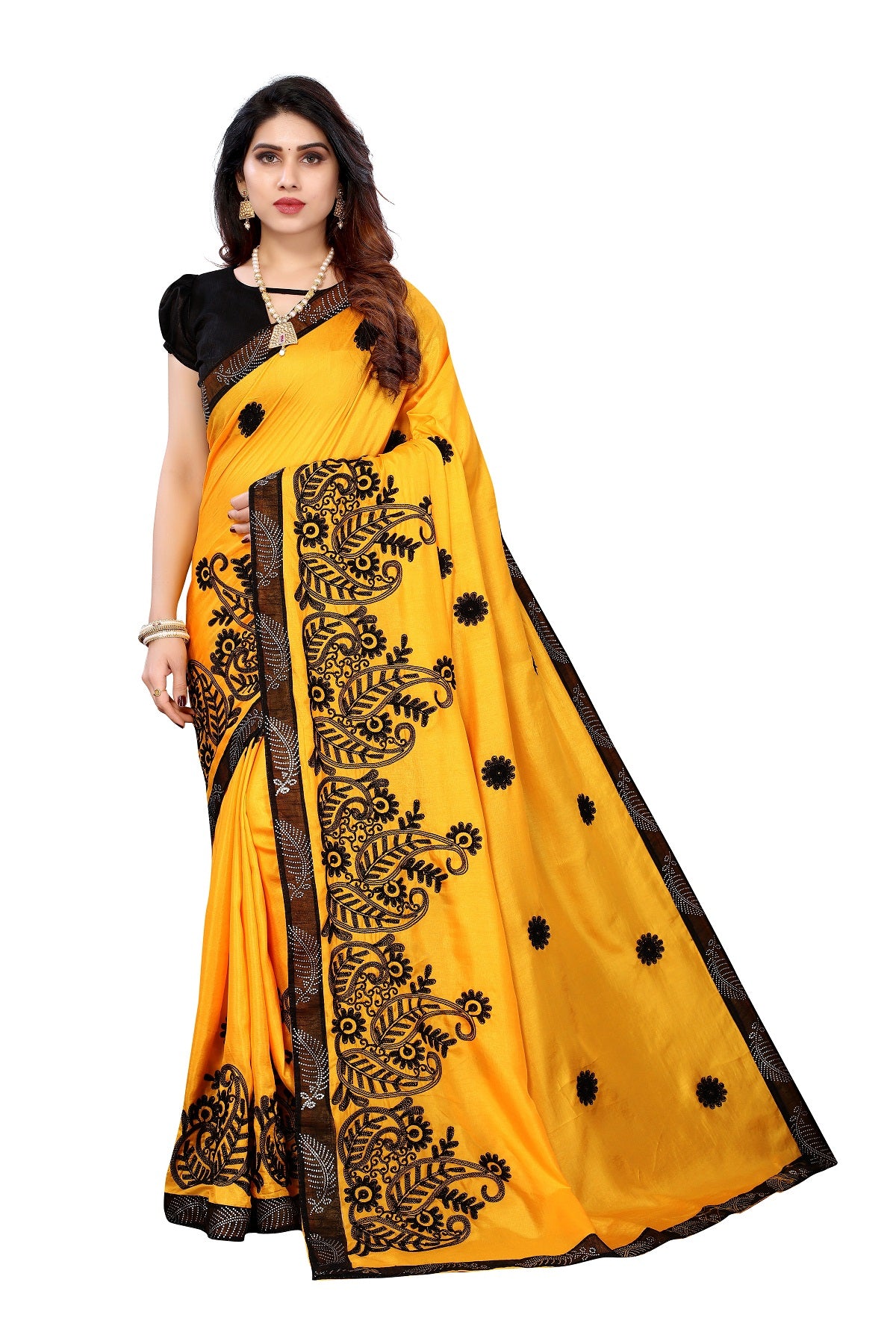 Women's Yellow Dola Silk Embroidery Saree - Vamika