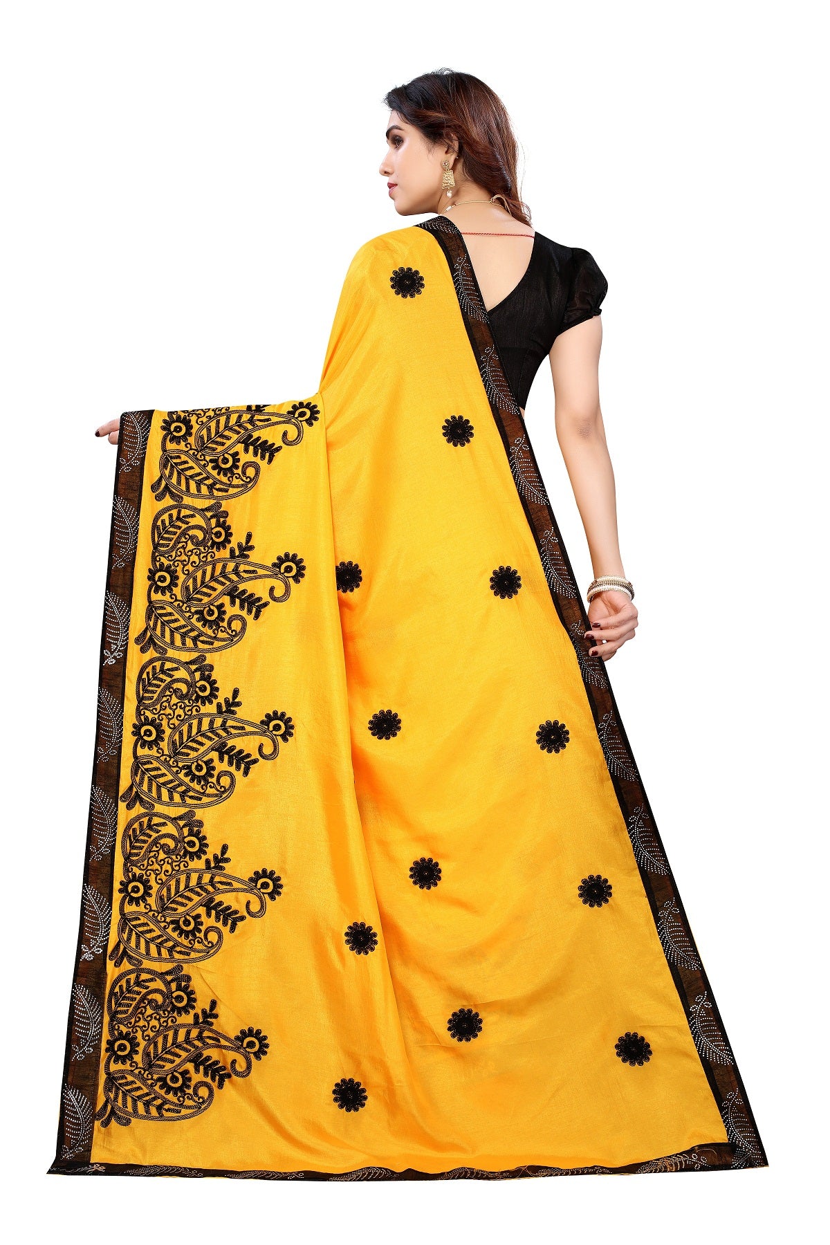 Women's Yellow Dola Silk Embroidery Saree - Vamika
