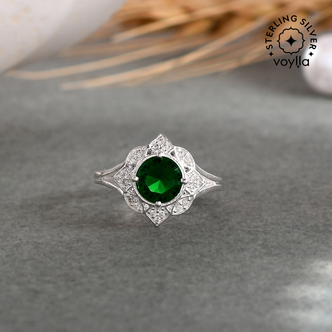 Women's Round Cut Emerald 925 Sterling Silver Adjustable Ring - Voylla