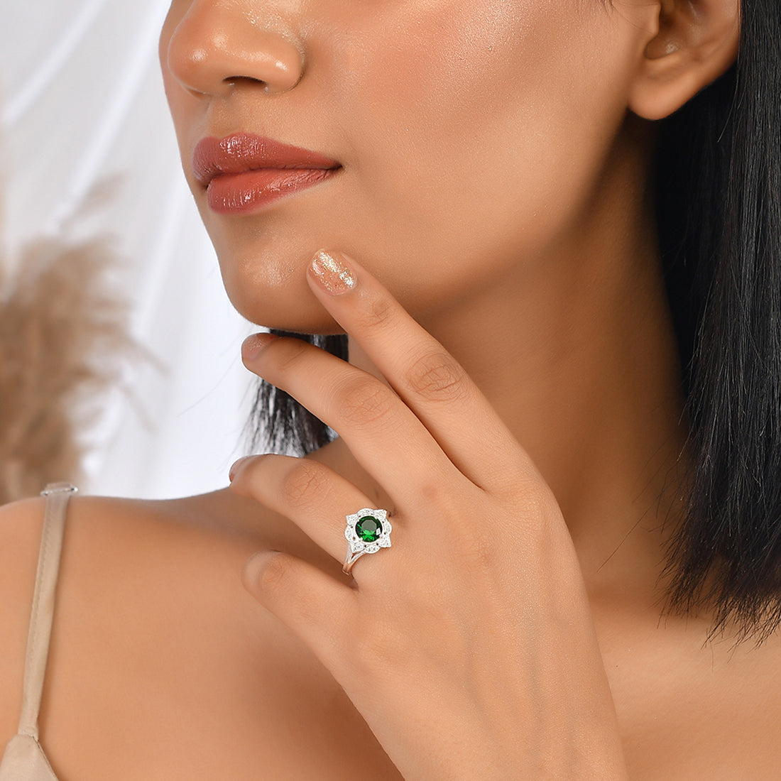 Women's Round Cut Emerald 925 Sterling Silver Adjustable Ring - Voylla