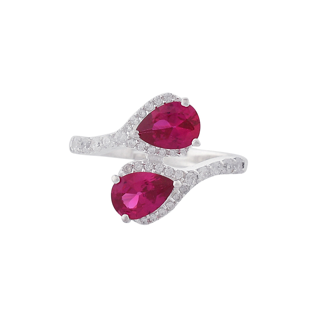 Women's Adjustable 925 Sterling Silver Teardrop Cut Ruby Gems Embellished Ring - Voylla