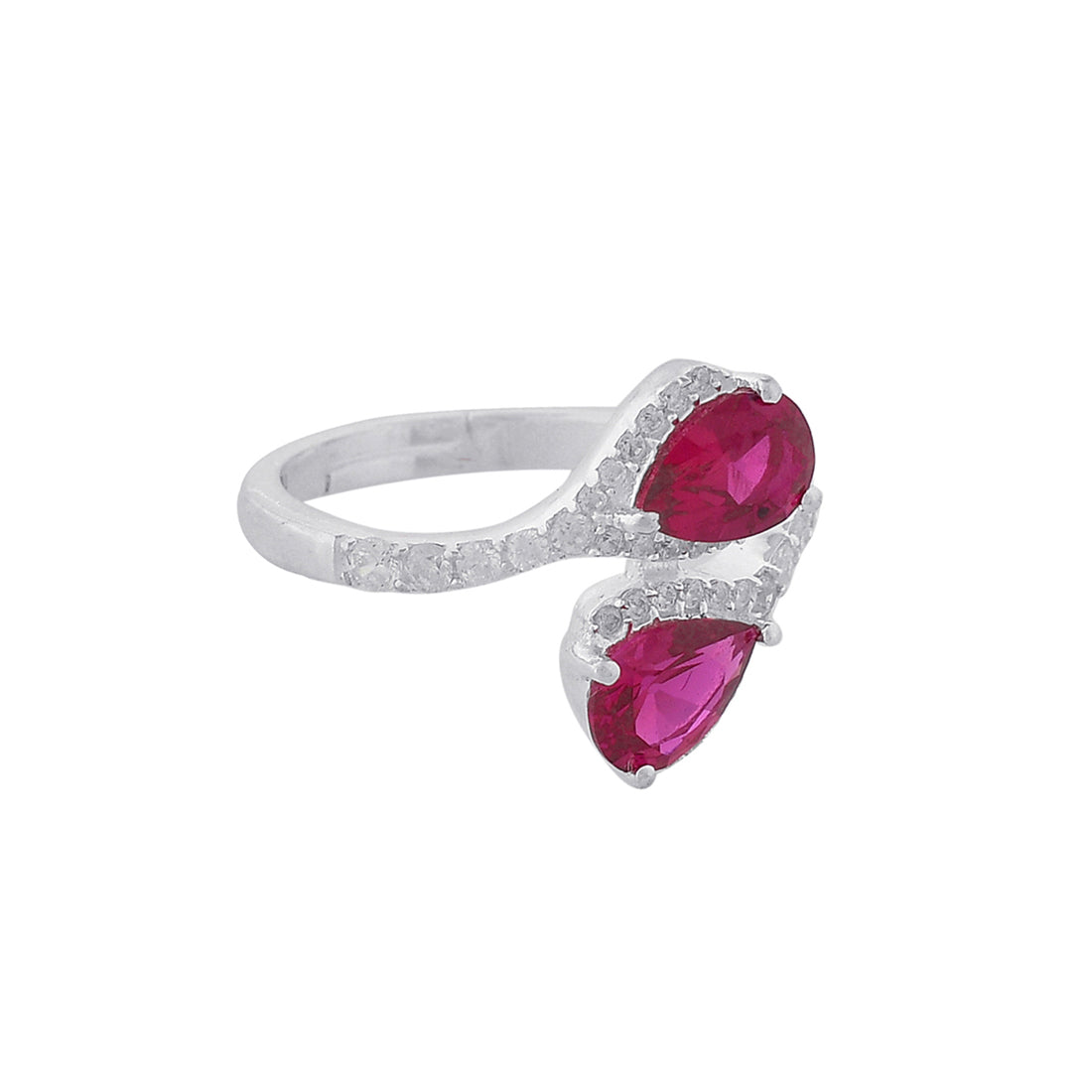 Women's Adjustable 925 Sterling Silver Teardrop Cut Ruby Gems Embellished Ring - Voylla