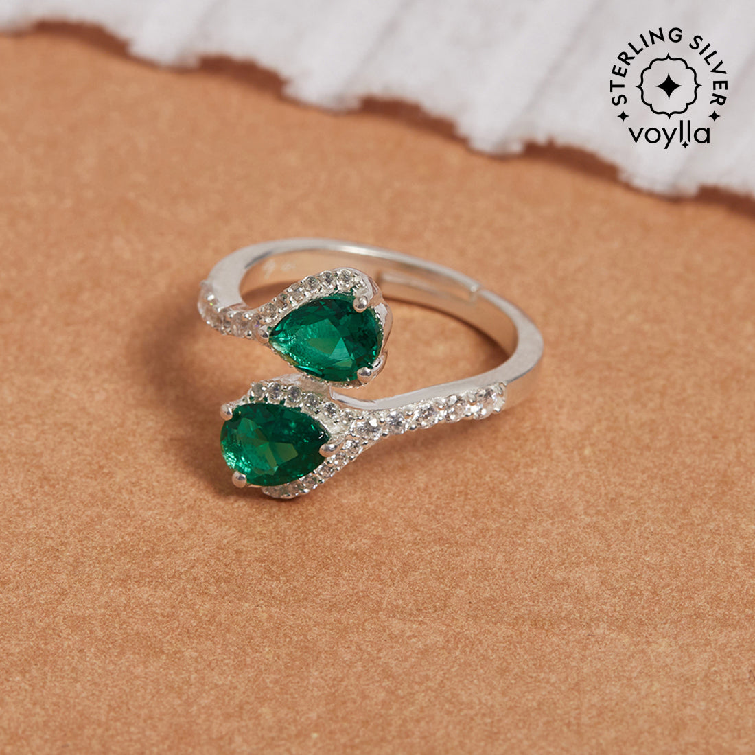 Women's Sterling Silver Ladies Cubic Zirconia Emerald Green Adjustable Ring - Voylla