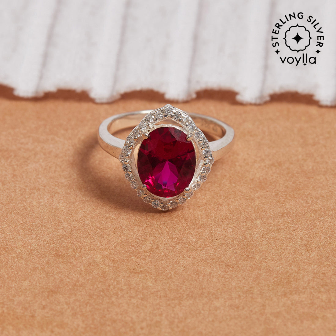 Women's Cz Studded Ruby Gemstone In A 925 Sterling Silver Adjustable Ring - Voylla
