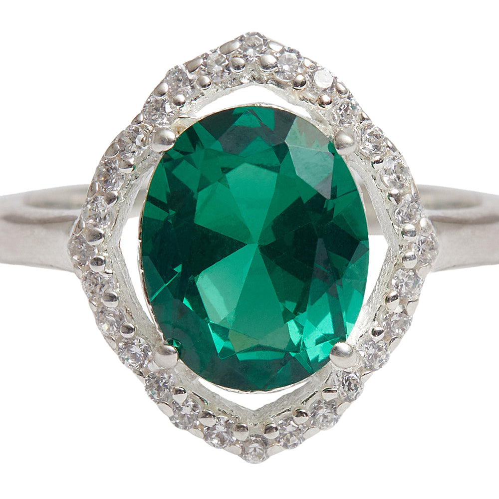 Women's Emerald Cz Halo Ring In 925 Sterling Silver Adjustable Band - Voylla