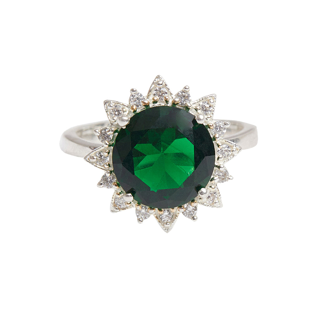 Women's American Diamond Green Stone Cluster 925 Sterling Silver Adjustable Ring - Voylla
