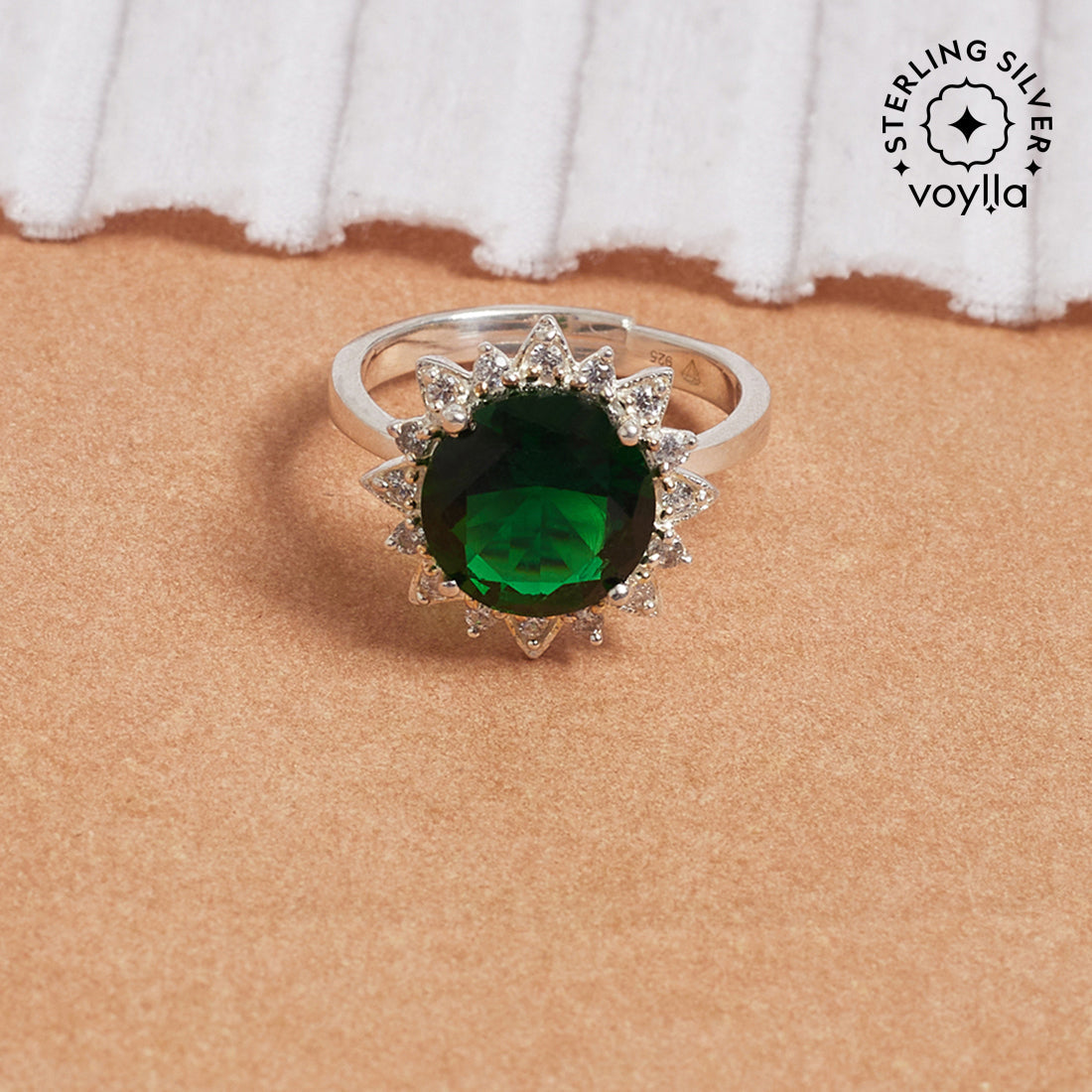 Women's American Diamond Green Stone Cluster 925 Sterling Silver Adjustable Ring - Voylla