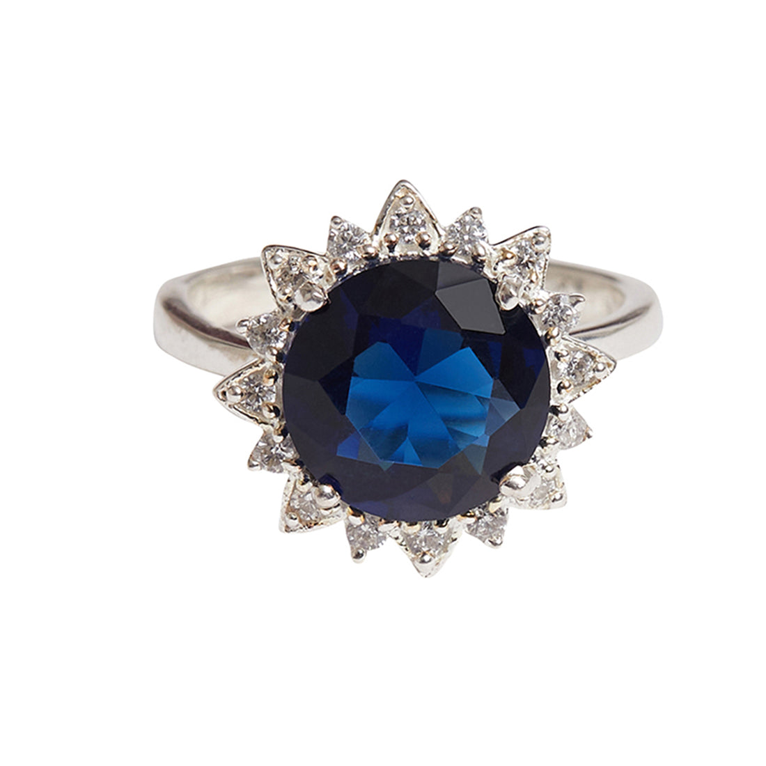 Women's Floral Motif Sterling Silver Round Cut Sapphire Embellished Adjustable Ring - Voylla