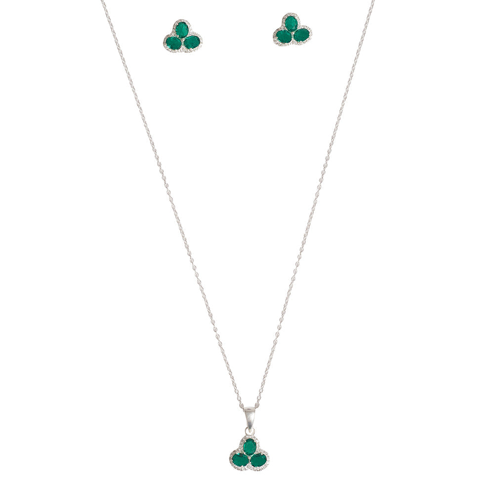 Women's Oval Cut Emeralds Embellished Floral Motif 925 Sterling Silver Box Set - Voylla