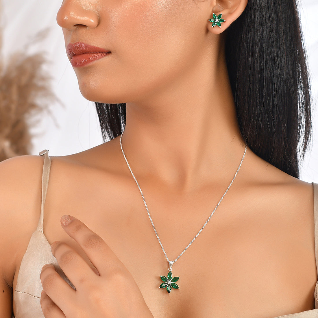 Women's Marquise Cut Emeralds Adorned Sterling Silver Pendant Set - Voylla