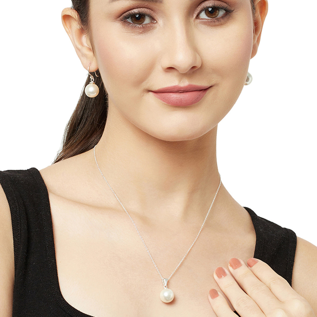 Women's Round White Pearls Silver Plated Sterling Silver Pendant Set - Voylla