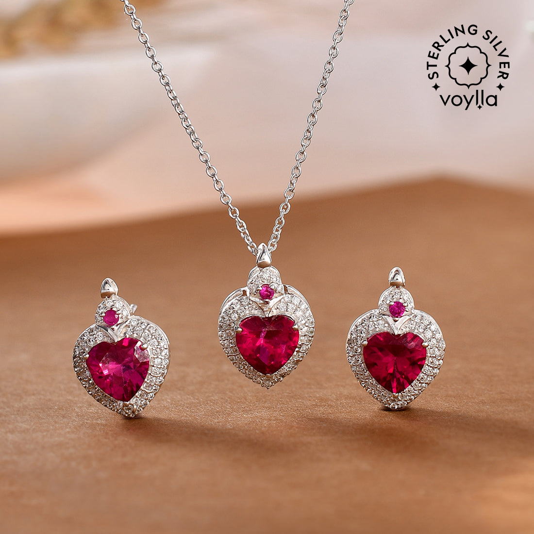Women's Heart Shape Pink Ruby And Zirconia Embellished Sterling Silver Pendant Set - Voylla