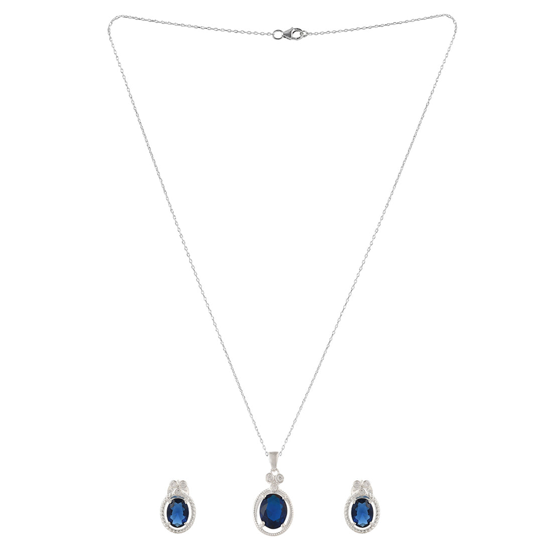 Women's Oval Cut Sapphire Four-Prong Setting Sterling Silver Pendant Set - Voylla