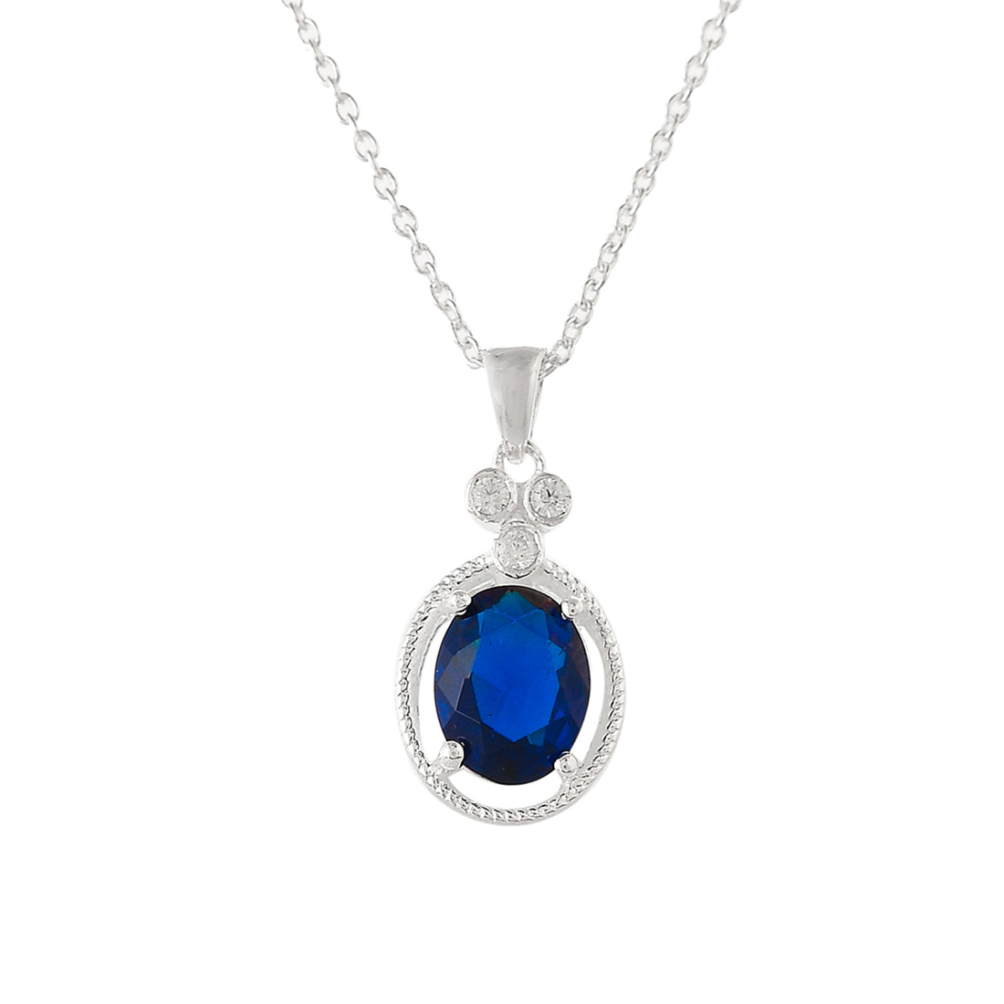 Women's Oval Cut Sapphire Four-Prong Setting Sterling Silver Pendant Set - Voylla