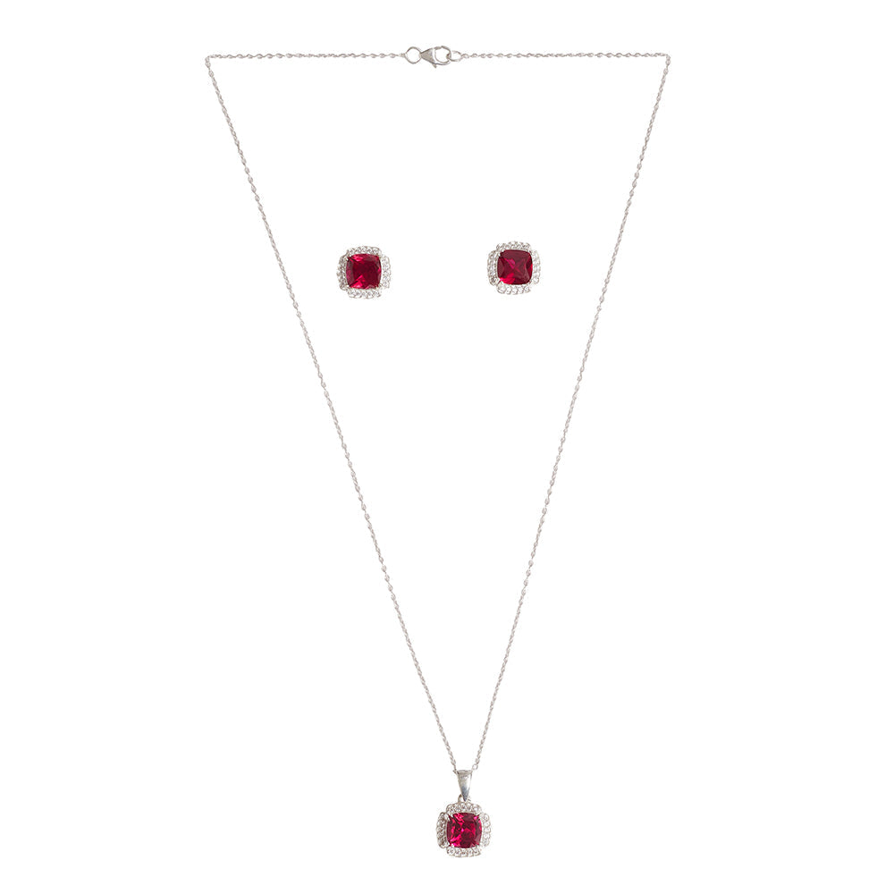 Women's Square Cut Pink Ruby Silver Toned Sterling Silver Pendant Set - Voylla