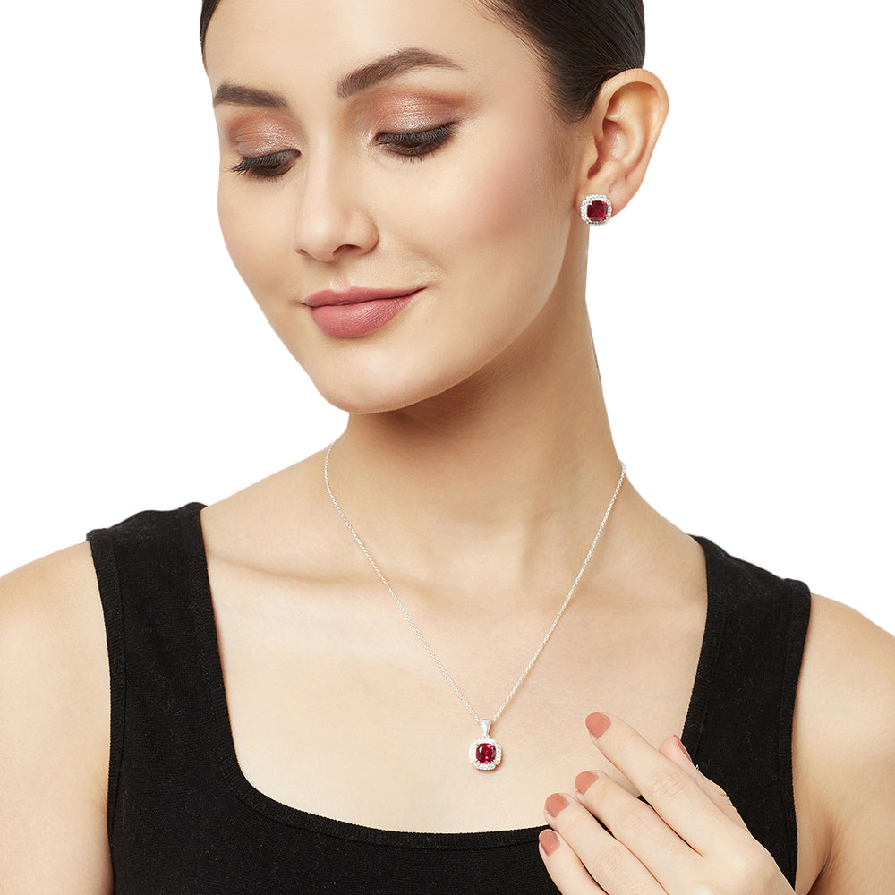 Women's Square Cut Pink Ruby Silver Toned Sterling Silver Pendant Set - Voylla