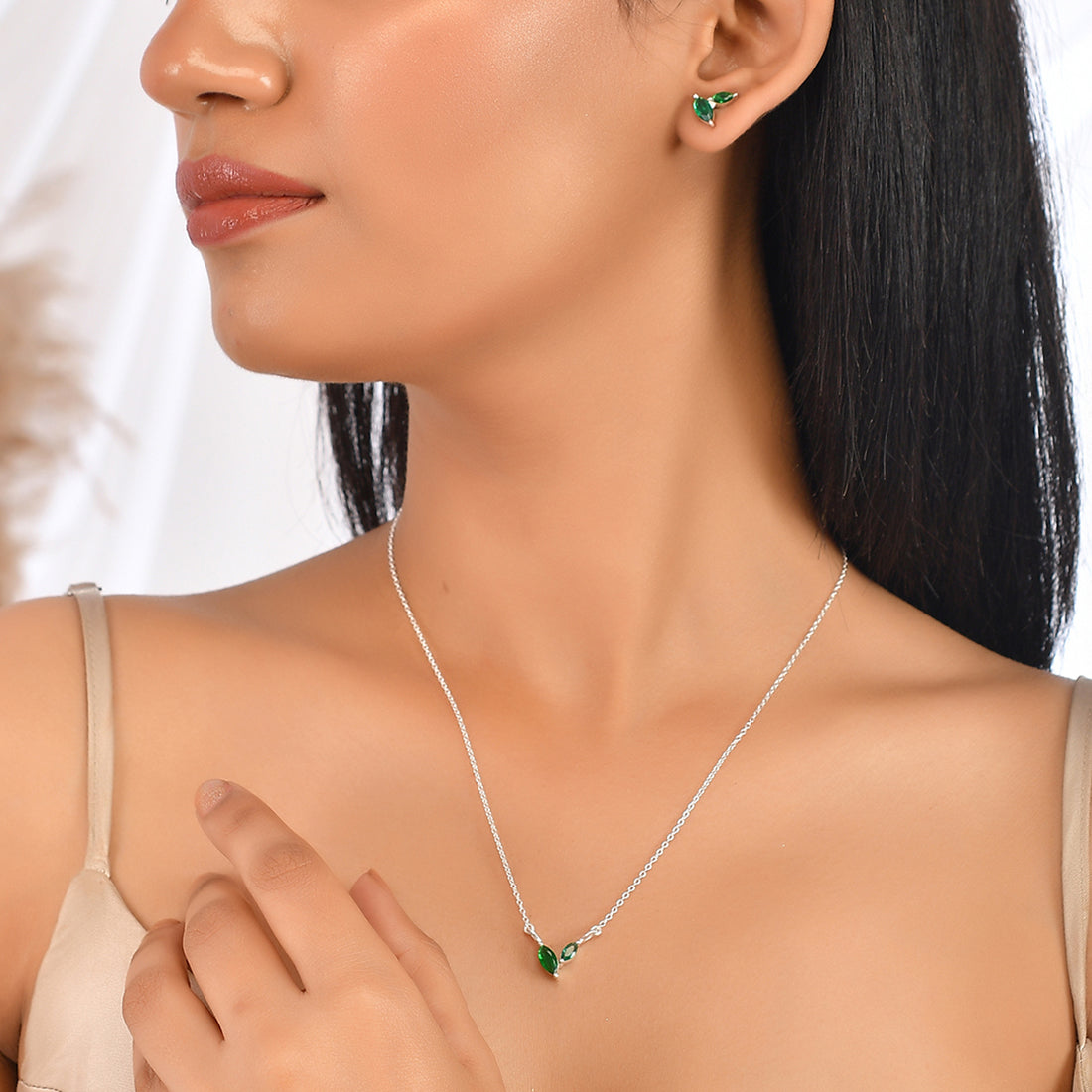 Women's Marquise Cut Emeralds 925 Sterling Silver Pendant Set - Voylla