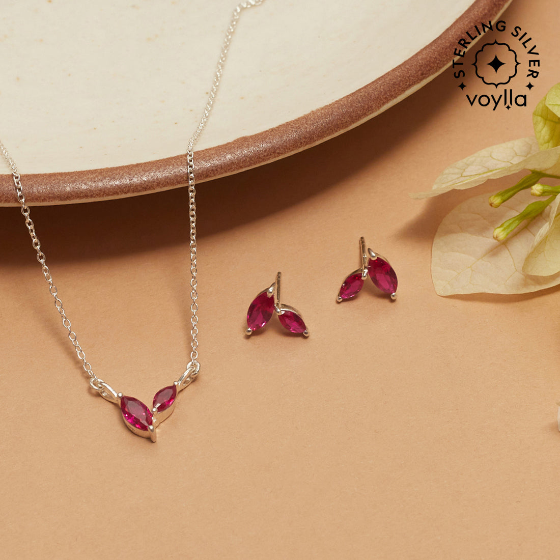 Women's Ruby Marquise Cz Pendant Set And Stud Earrings - Voylla