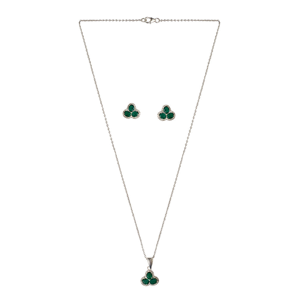 Women's 3 Petal Emerald Coloured Cz 925 Sterling Silver Pendant Set - Voylla