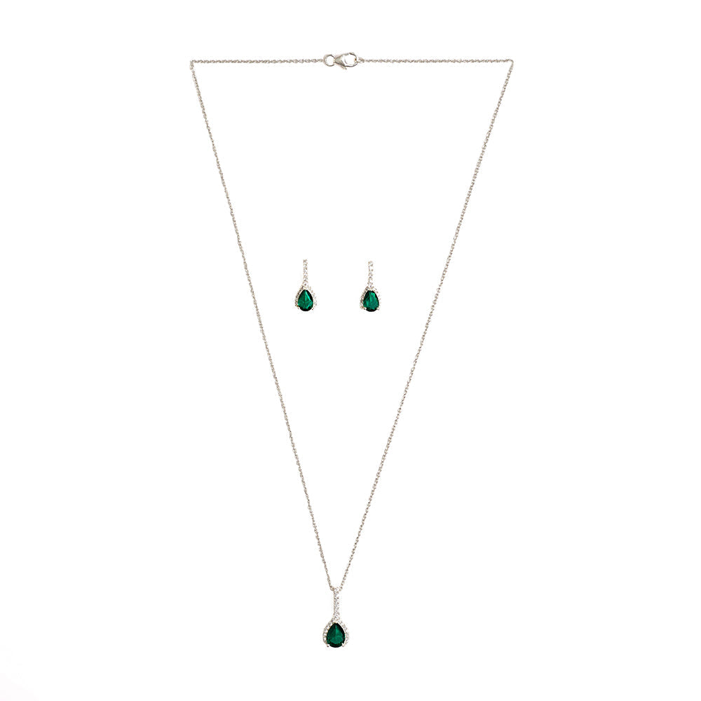 Women's Eclectica Emerald Drop Earrings And Pendant 925 Sterling Silver Set - Voylla