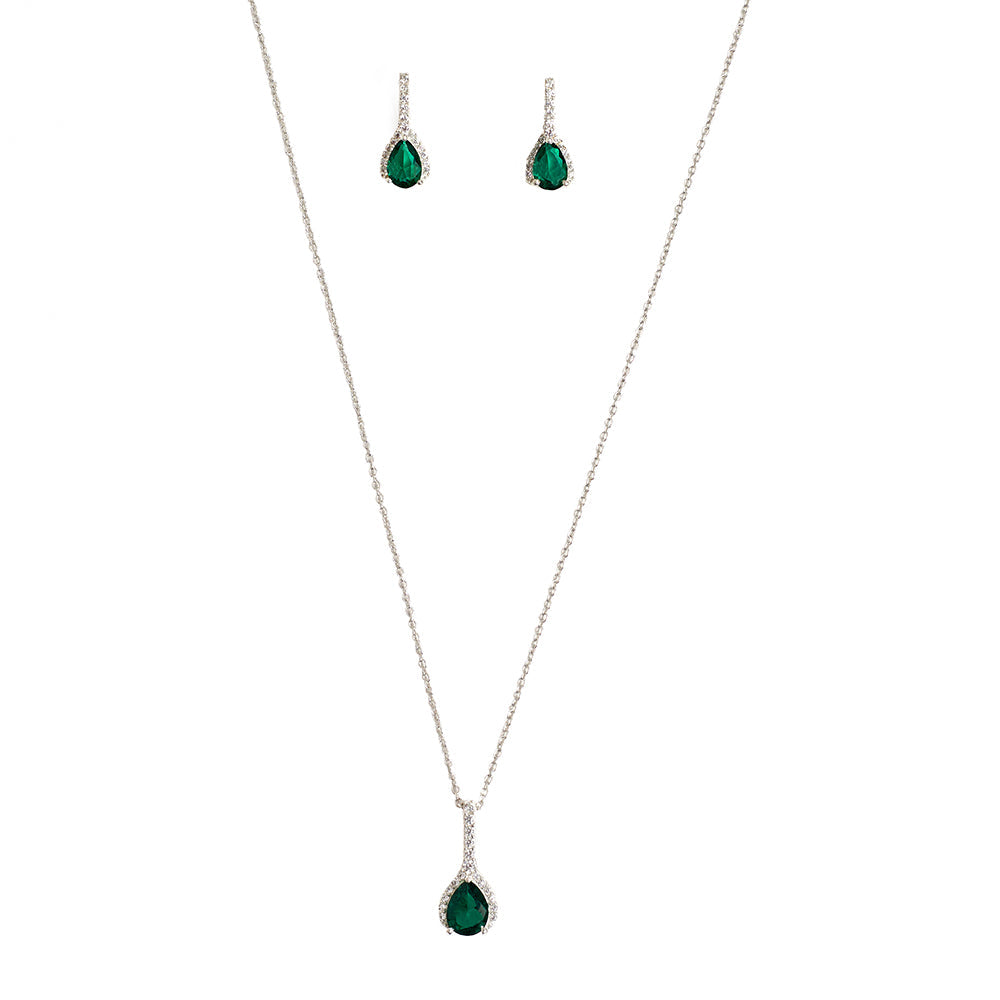 Women's Eclectica Emerald Drop Earrings And Pendant 925 Sterling Silver Set - Voylla